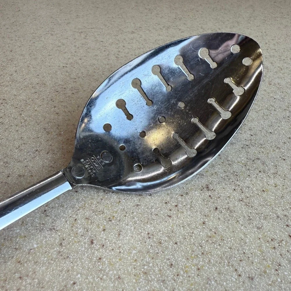 Vintage EKCO Slotted‎ Spoon Chromium Plated Black Handle USA Kitchen Utensil